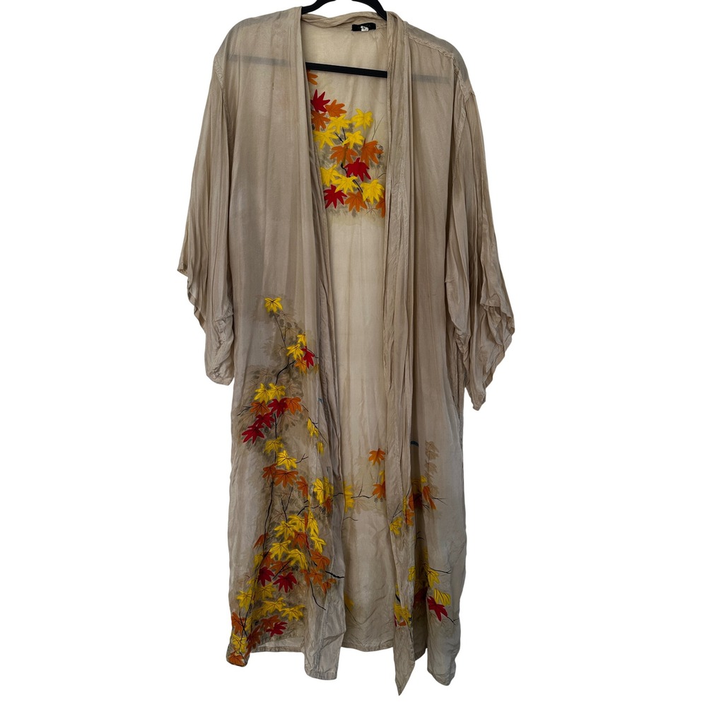 Novica Silk Kimono Robe Hand Painted Autumn Maple Leaf Beige Duster One Size